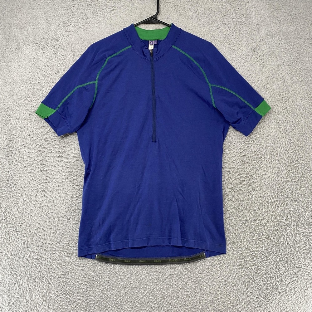Ibex Cycling Jersey Mens Large Blue Merino Wool 1/4 Zip Pockets USA Short Sleeve